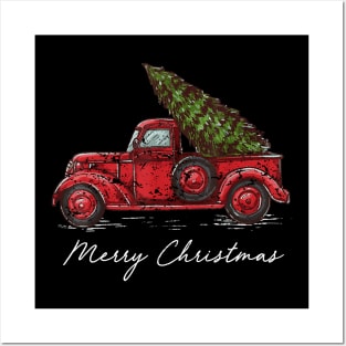 Merry Christmas Retro Vintage Red Truck Posters and Art